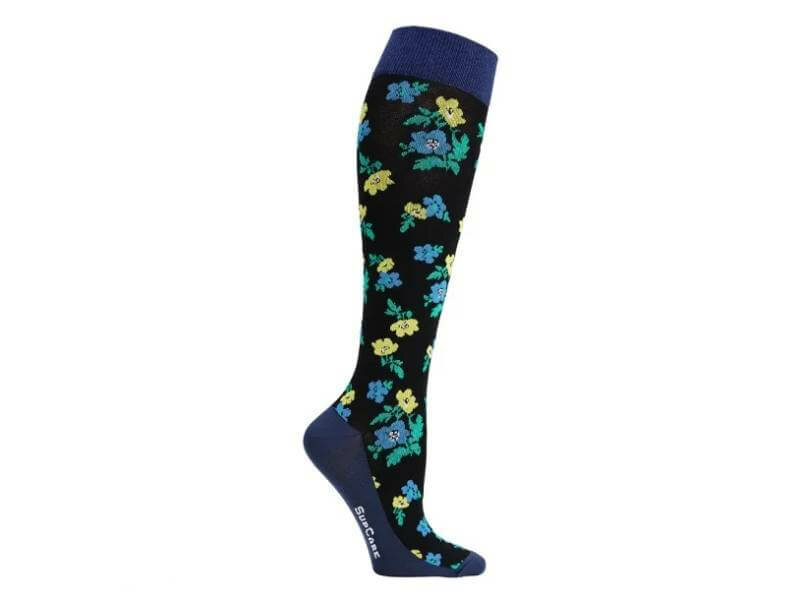 Compressiekous zwart met blauw en gele bloemen