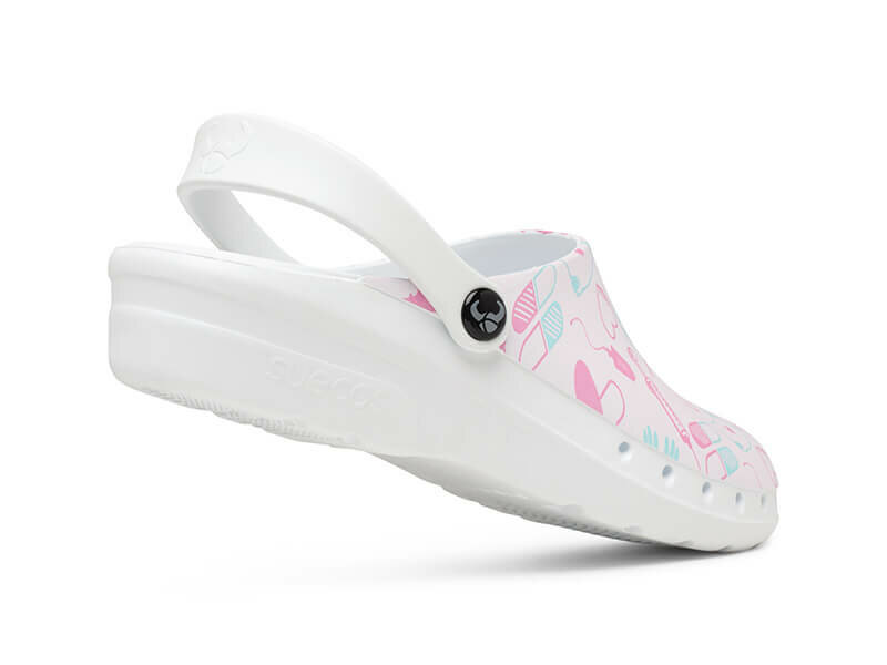 Verpleegkundige klomp oden fusion print medical pink achterzijde met hielbandje en witte antislipzool