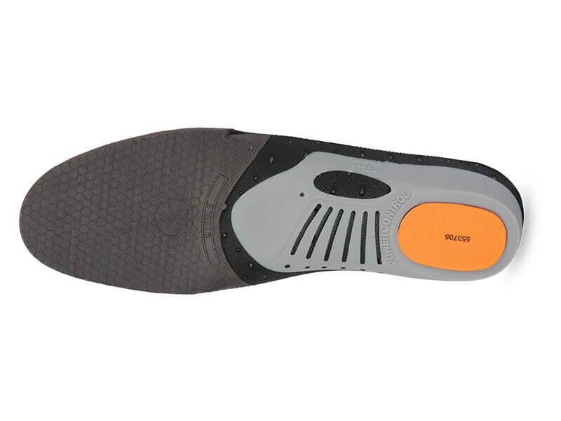 Onderkant grijs oranje mysole racketsport inlegzool demping bij de hiel