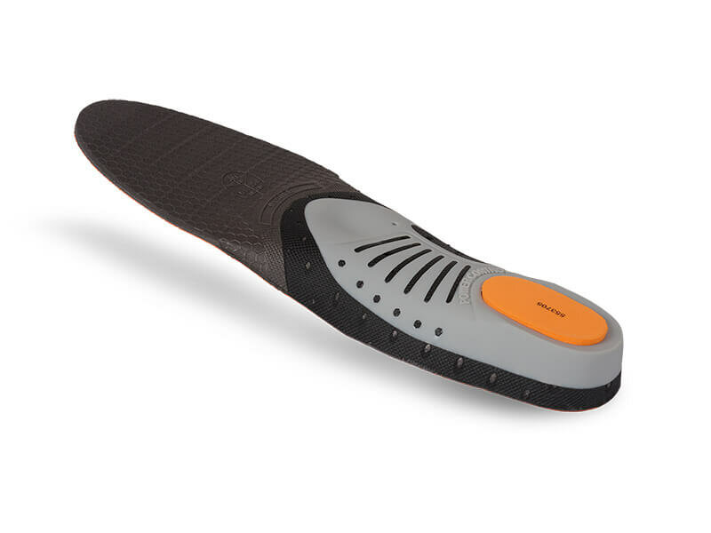 Zijaanzicht onderkant grijs met oranje hielspot mysole racketsport inlegzool
