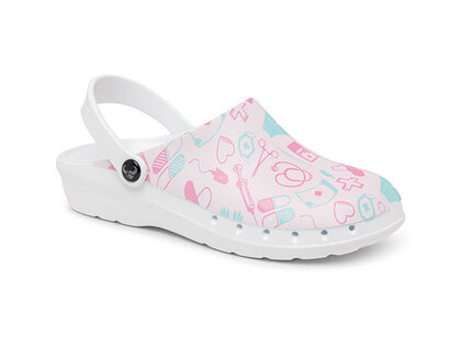 Suecos oden fusion zorgklomp print medical pink met witte antislipzool front aanzicht