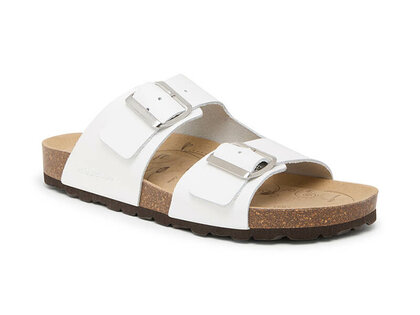 Vooraanzicht suecos damessliper model bris beige voetbed witte bandjes