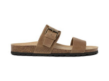 Suecos elsa dames slipper taupe met zwarte zool kurk rechter zijkant gespsluiting