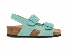 Suecos sandalen met sleehak zijaanzicht model sommar aqua met zwarte zool banden met klittenbandsluiting