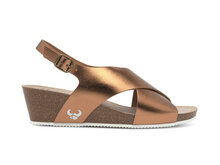 Suecos sandalen met sleehak zijaanzicht model ros brons met witte zool en verstelbaar bandje