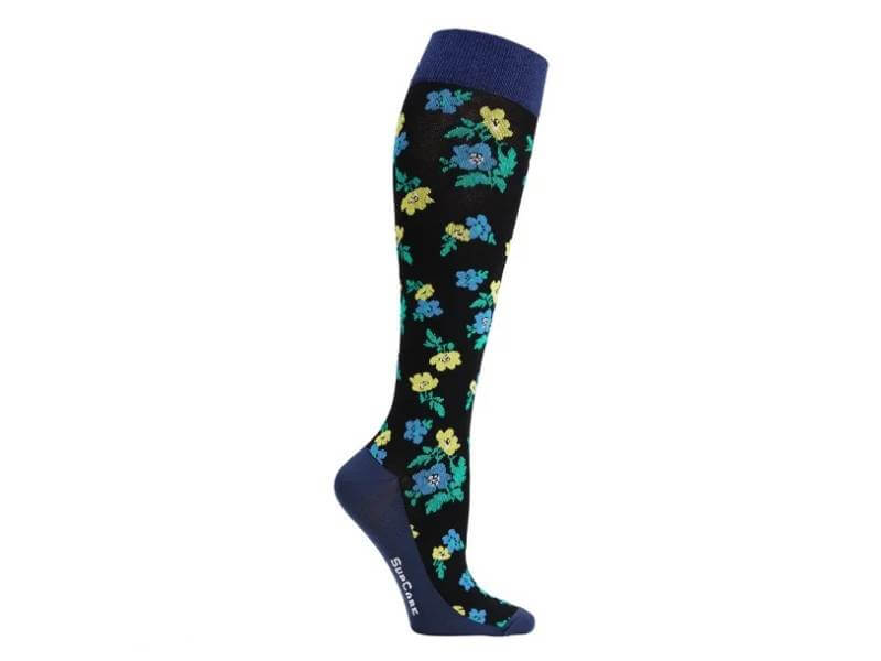 Compressiekous zwart met blauw en gele bloemen